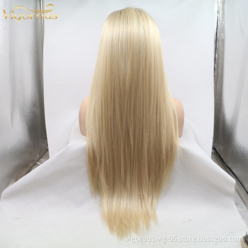 Long straight ombre blonde wholesale high quality heat resistant cheap synthetic wig small  lace front